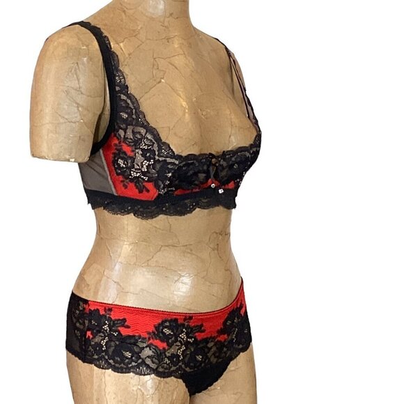 Victoria's Secret 2-Piece Demi Lace Bra & Panty Set Sz M Red & Black 286i - Picture 4 of 10